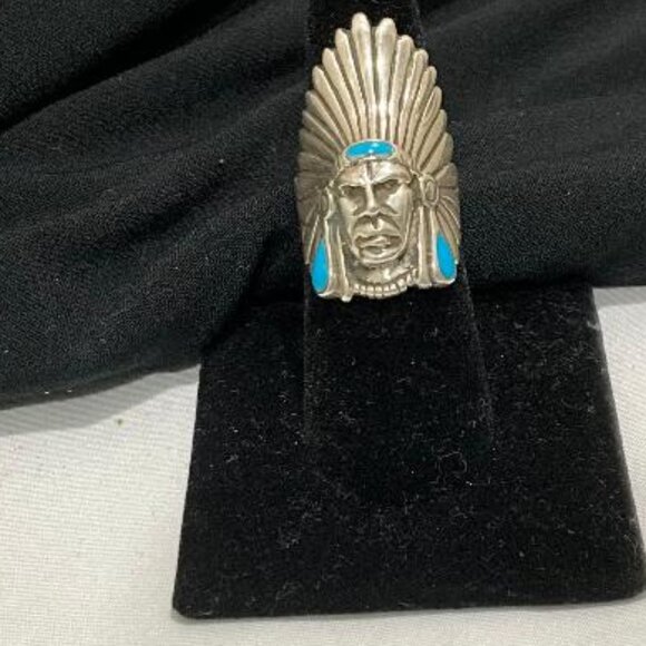 Sterlng Silver and Turquoise Indian Chief headress Ring Size 8 - Picture 2 of 4